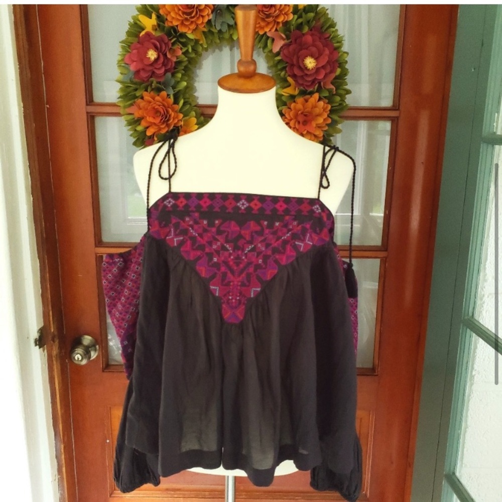 Free people off shoulder black embroidered top M